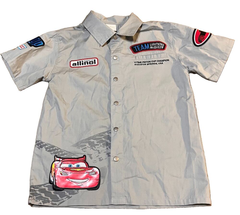 Boys Disney Store Cars Lightning McQueen Short Sleeve Button Shirt Sz 9 / 10